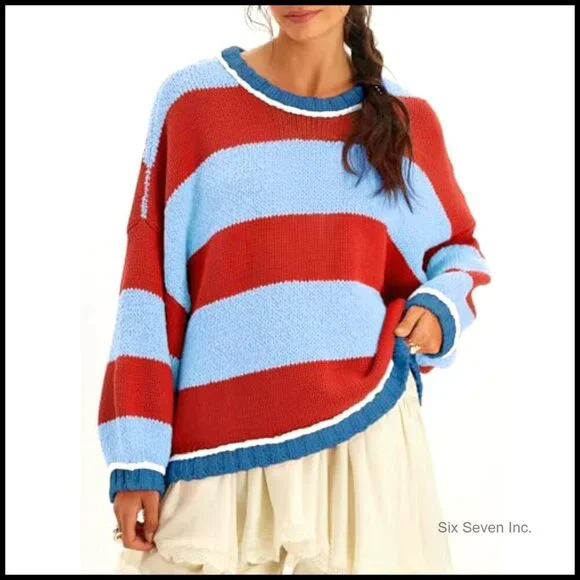 Chunky Knit Striped Sweater Oversized Pullover Casual Y2K Chic Fall Winter - Picture 3 of 7